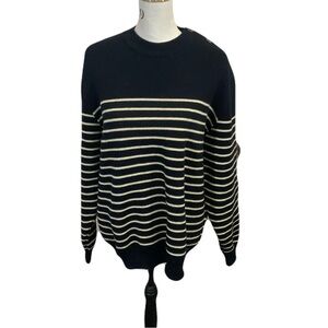 Saint James Black and Cream Striped Crewneck Sweater